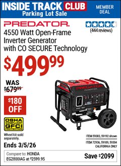 Harbor Freight ITC Coupon PREDATOR 4550 WATT OPEN-FRAME INVERTER GENERATOR WITH CO SECURE TECHNOLOGY Lot No. 59192/59189/59303/59304/72936 Expired: 3/5/26 - $499.99
