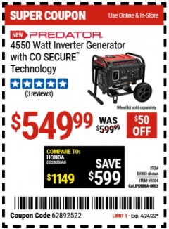 Harbor Freight Coupon PREDATOR 4550 WATT OPEN-FRAME INVERTER GENERATOR WITH CO SECURE TECHNOLOGY Lot No. 59192/59189/59303/59304/72936 Expired: 4/24/22 - $549.99