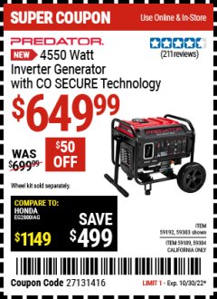 Harbor Freight Coupon PREDATOR 4550 WATT OPEN-FRAME INVERTER GENERATOR WITH CO SECURE TECHNOLOGY Lot No. 59192/59189/59303/59304/72936 Expired: 10/30/22 - $649.99