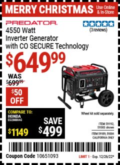 Harbor Freight Coupon PREDATOR 4550 WATT OPEN-FRAME INVERTER GENERATOR WITH CO SECURE TECHNOLOGY Lot No. 59192/59189/59303/59304/72936 Expired: 12/26/22 - $649.99
