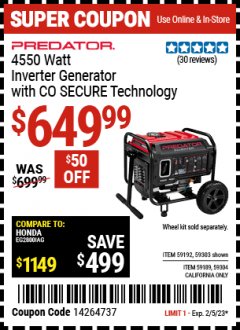 Harbor Freight Coupon PREDATOR 4550 WATT OPEN-FRAME INVERTER GENERATOR WITH CO SECURE TECHNOLOGY Lot No. 59192/59189/59303/59304/72936 Expired: 2/5/23 - $649.99