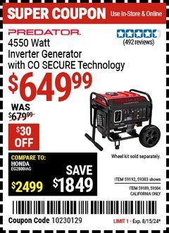 Harbor Freight Coupon PREDATOR 4550 WATT OPEN-FRAME INVERTER GENERATOR WITH CO SECURE TECHNOLOGY Lot No. 59192/59189/59303/59304/72936 Expired: 8/15/24 - $649.99
