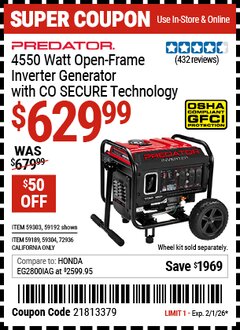 Harbor Freight Coupon PREDATOR 4550 WATT OPEN-FRAME INVERTER GENERATOR WITH CO SECURE TECHNOLOGY Lot No. 59192/59189/59303/59304/72936 Expired: 2/1/26 - $629.99