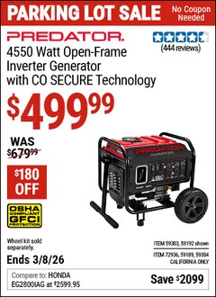 Harbor Freight Coupon PREDATOR 4550 WATT OPEN-FRAME INVERTER GENERATOR WITH CO SECURE TECHNOLOGY Lot No. 59192/59189/59303/59304/72936 Expired: 3/8/26 - $499.99