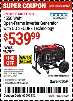 Harbor Freight Coupon PREDATOR 4550 WATT OPEN-FRAME INVERTER GENERATOR WITH CO SECURE TECHNOLOGY Lot No. 59192/59189/59303/59304/72936 Expired: 5/10/26 - $539.99