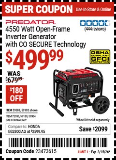 Harbor Freight Coupon PREDATOR 4550 WATT OPEN-FRAME INVERTER GENERATOR WITH CO SECURE TECHNOLOGY Lot No. 59192/59189/59303/59304/72936 Expired: 3/15/26 - $499.99