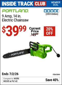 Harbor Freight ITC Coupon PORTLAND 9 AMP, 14 IN. ELECTRIC CHAINSAW Lot No. 58949 Dates Valid: 12/31/69 - 7/2/26 - $39.99