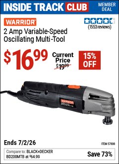 Harbor Freight ITC Coupon WARRIOR 2 AMP VARIABLE-SPEED OSCILLATING MULTI-TOOL Lot No. 57808 Dates Valid: 12/31/69 - 7/2/26 - $16.99