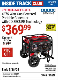 Harbor Freight ITC Coupon PREDATOR 4375 WATT GAS-POWERED PORTABLE GENERATOR WITH CO SECURE TECHNOLOGY Lot No. 59207/59132/72912 Valid Thru: 5/28/26 - $369.99