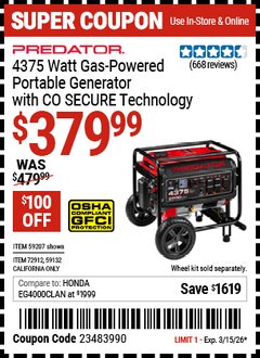 Harbor Freight Coupon PREDATOR 4375 WATT GAS-POWERED PORTABLE GENERATOR WITH CO SECURE TECHNOLOGY Lot No. 59207/59132/72912 Expired: 3/15/26 - $379.99