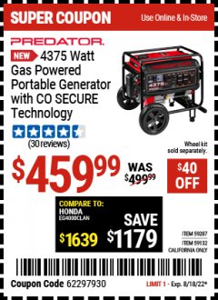 Harbor Freight Coupon PREDATOR 4375 WATT GAS-POWERED PORTABLE GENERATOR WITH CO SECURE TECHNOLOGY Lot No. 59207/59132/72912 Expired: 8/18/22 - $459.99