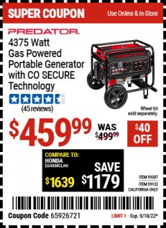 Harbor Freight Coupon PREDATOR 4375 WATT GAS-POWERED PORTABLE GENERATOR WITH CO SECURE TECHNOLOGY Lot No. 59207/59132/72912 Expired: 9/18/22 - $459.99