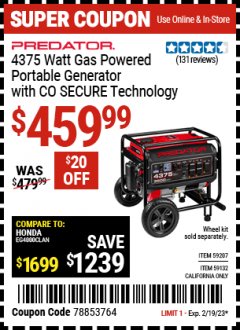 Harbor Freight Coupon PREDATOR 4375 WATT GAS-POWERED PORTABLE GENERATOR WITH CO SECURE TECHNOLOGY Lot No. 59207/59132/72912 Expired: 2/19/23 - $459.99