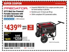 Harbor Freight Coupon PREDATOR 4375 WATT GAS-POWERED PORTABLE GENERATOR WITH CO SECURE TECHNOLOGY Lot No. 59207/59132/72912 Expired: 3/26/23 - $439.99