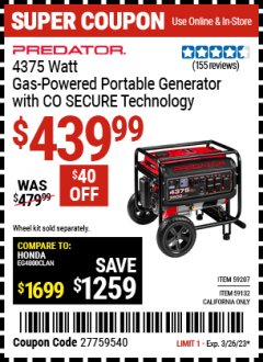 Harbor Freight Coupon PREDATOR 4375 WATT GAS-POWERED PORTABLE GENERATOR WITH CO SECURE TECHNOLOGY Lot No. 59207/59132/72912 Expired: 3/26/23 - $439.99
