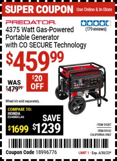 Harbor Freight Coupon PREDATOR 4375 WATT GAS-POWERED PORTABLE GENERATOR WITH CO SECURE TECHNOLOGY Lot No. 59207/59132/72912 Expired: 4/30/23 - $459.99
