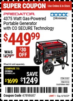 Harbor Freight Coupon PREDATOR 4375 WATT GAS-POWERED PORTABLE GENERATOR WITH CO SECURE TECHNOLOGY Lot No. 59207/59132/72912 Expired: 6/18/23 - $449.99