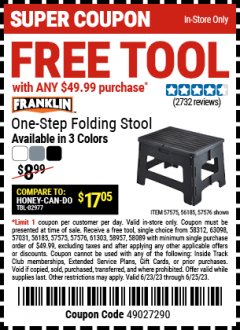 Harbor Freight FREE Coupon FRANKLIN 1-STEP FOLDING STOOL, BLACK Lot No. 57576 Expired: 6/25/23 - FWP