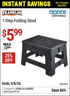 Harbor Freight Coupon FRANKLIN 1-STEP FOLDING STOOL, BLACK Lot No. 57576 Expired: 3/5/26 - $5.99