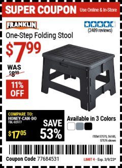 Harbor Freight Coupon FRANKLIN 1-STEP FOLDING STOOL, BLACK Lot No. 57576 Expired: 3/9/23 - $7.99