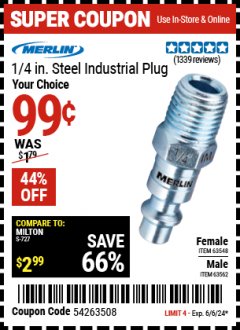 Harbor Freight Coupon MERLIN 1/4 IN. STEEL INDUSTRIAL PLUG Lot No. 63548/63562 Expired: 6/6/24 - $0.99