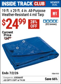 Harbor Freight ITC Coupon HFT 19 FT. X 29 FT. 4 IN. BLUE ALL-PURPOSE WEATHER-RESISTANT 4 MIL TARP Lot No. 47673 Dates Valid: 12/31/69 - 7/2/26 - $24.99