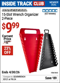 Harbor Freight ITC Coupon U.S. GENERAL 15-SLOT WRENCH ORGANIZER, 2-PIECE Lot No. 58925 Expired: 4/30/26 - $9.99