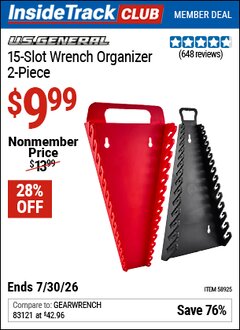 Harbor Freight ITC Coupon U.S. GENERAL 15-SLOT WRENCH ORGANIZER, 2-PIECE Lot No. 58925 Expired: 7/30/26 - $9.99