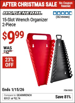 Harbor Freight Coupon U.S. GENERAL 15-SLOT WRENCH ORGANIZER, 2-PIECE Lot No. 58925 Expired: 1/15/26 - $9.99