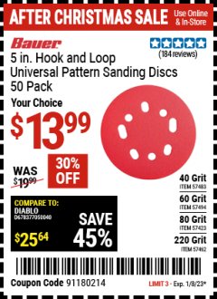 Harbor Freight Coupon BAUER 5 IN., HOOK-AND-LOOP UNIVERSAL PATTERN SANDING DISCS, 50-PACK Lot No. 57423/57483/57494/57462 Expired: 1/8/23 - $13.99