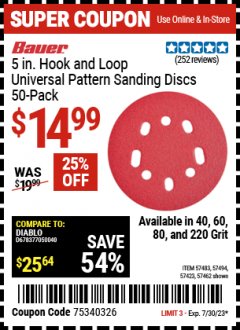 Harbor Freight Coupon BAUER 5 IN., HOOK-AND-LOOP UNIVERSAL PATTERN SANDING DISCS, 50-PACK Lot No. 57423/57483/57494/57462 Expired: 7/30/23 - $14.99
