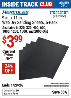 Harbor Freight ITC Coupon HERCULES 9 IN. X 11 IN., WET/DRY SANDING SHEETS WITH SILICON CARBIDE GRAIN, 5-PACK Lot No. 58419/58444/58434/58438/58440/58432/58430 Dates Valid: 12/31/69 - 1/29/26 - $3.99