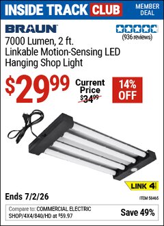 Harbor Freight ITC Coupon BRAUN 7000 LUMEN, 2 FT. LINKABLE MOTION-SENSING LED HANGING SHOP LIGHT Lot No. 58465 Dates Valid: 12/31/69 - 7/2/26 - $29.99