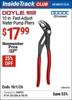 Harbor Freight Coupon DOYLE 10 IN. FAST-ADJUST WATER PUMP PLIERS Lot No. 56748 Valid: 12/31/69 - 10/1/26 - $17.99