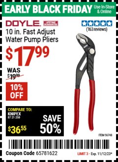 Harbor Freight Coupon DOYLE 10 IN. FAST-ADJUST WATER PUMP PLIERS Lot No. 56748 Expired: 11/12/23 - $17.99