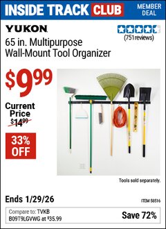 Harbor Freight ITC Coupon YUKON 65 IN. MULTIPURPOSE WALL-MOUNT TOOL ORGANIZER Lot No. 58516 Dates Valid: 12/31/69 - 1/29/26 - $9.99