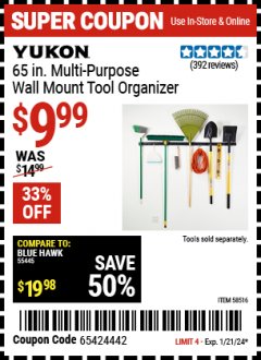 Harbor Freight Coupon YUKON 65 IN. MULTIPURPOSE WALL-MOUNT TOOL ORGANIZER Lot No. 58516 Expired: 1/21/24 - $9.99
