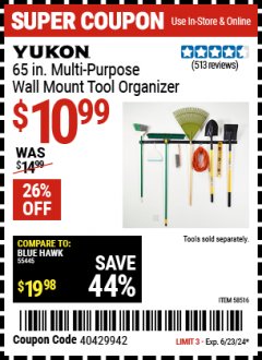Harbor Freight Coupon YUKON 65 IN. MULTIPURPOSE WALL-MOUNT TOOL ORGANIZER Lot No. 58516 Expired: 6/23/24 - $10.99