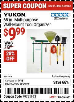 Harbor Freight Coupon YUKON 65 IN. MULTIPURPOSE WALL-MOUNT TOOL ORGANIZER Lot No. 58516 Valid Thru: 9/27/26 - $9.99