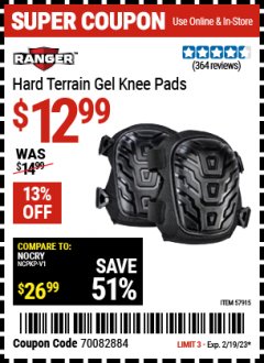 Harbor Freight Coupon RANGER HARD TERRAIN GEL KNEE PADS Lot No. 57915 Expired: 2/19/23 - $12.99