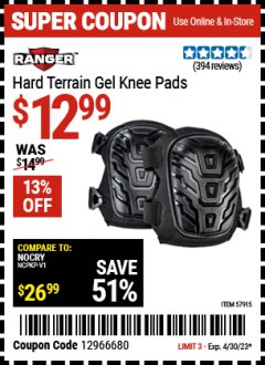 Harbor Freight Coupon RANGER HARD TERRAIN GEL KNEE PADS Lot No. 57915 Expired: 4/30/23 - $12.99