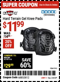 Harbor Freight Coupon RANGER HARD TERRAIN GEL KNEE PADS Lot No. 57915 Expired: 1/23/24 - $11.99