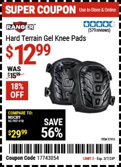 Harbor Freight Coupon RANGER HARD TERRAIN GEL KNEE PADS Lot No. 57915 Expired: 3/7/24 - $12.99