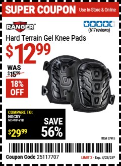 Harbor Freight Coupon RANGER HARD TERRAIN GEL KNEE PADS Lot No. 57915 Expired: 4/28/24 - $12.99