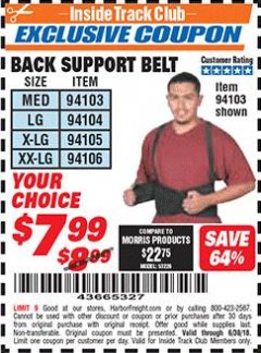 Harbor Freight ITC Coupon WESTERN SAFETY BACK SUPPORT BELT Lot No. 94103/94104/94105/94106 Expired: 6/30/18 - $7.99