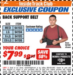 Harbor Freight ITC Coupon WESTERN SAFETY BACK SUPPORT BELT Lot No. 94103/94104/94105/94106 Expired: 9/30/18 - $7.99