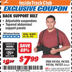 Harbor Freight ITC Coupon WESTERN SAFETY BACK SUPPORT BELT Lot No. 94103/94104/94105/94106 Expired: 9/30/19 - $7.99