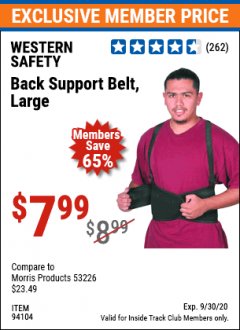 Harbor Freight ITC Coupon WESTERN SAFETY BACK SUPPORT BELT Lot No. 94103/94104/94105/94106 Expired: 9/30/20 - $7.99