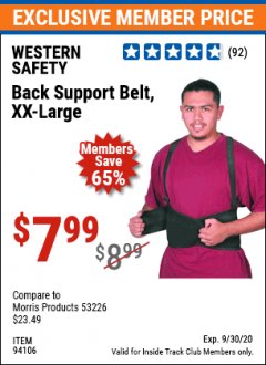 Harbor Freight ITC Coupon WESTERN SAFETY BACK SUPPORT BELT Lot No. 94103/94104/94105/94106 Expired: 9/30/20 - $7.99
