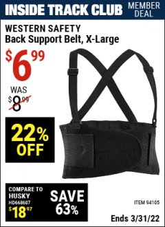 Harbor Freight ITC Coupon WESTERN SAFETY BACK SUPPORT BELT Lot No. 94103/94104/94105/94106 Expired: 3/31/22 - $6.99